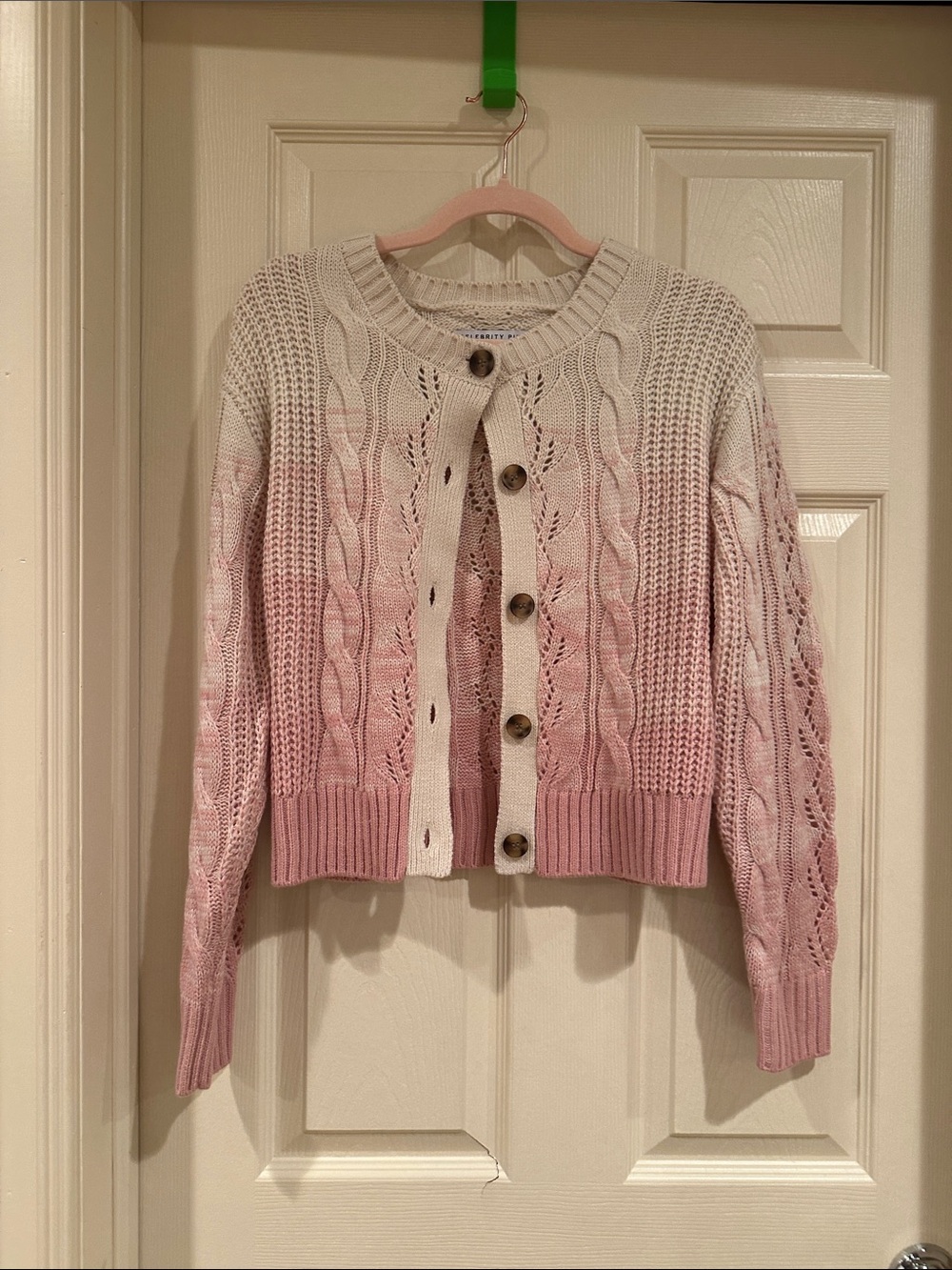 Celebrity Pink Ombre Cable Knit Cardigan in Pink and Cream